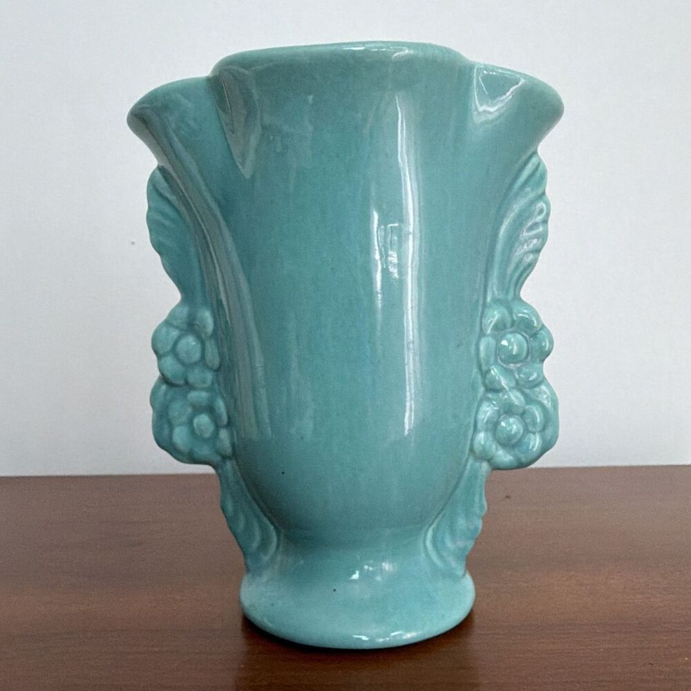Vintage Aqua/turquoise Ceramic Vase  Floral Sides 8 in. Stamped 3530 California